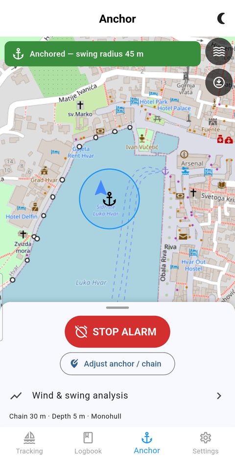 NaviLog Ankeralarm mit Schwojkreis im Hafen von Hvar